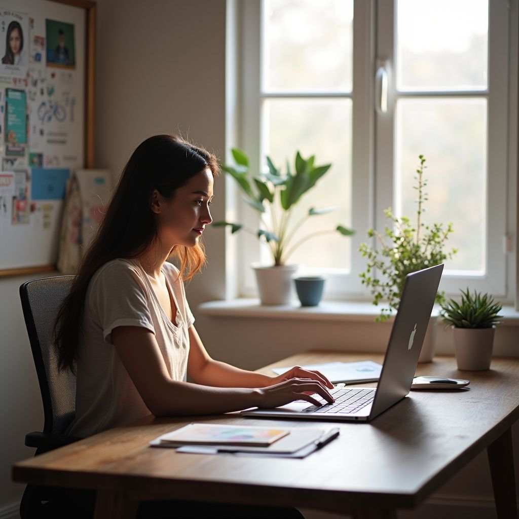 Een vrouw zit achter een bureau bij een raam te typen op een laptop. Er staan papieren en planten op het bureau.