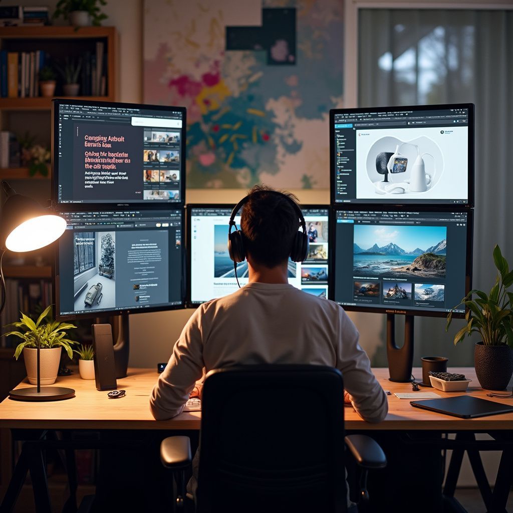 Persoon aan een bureau met meerdere monitoren en een koptelefoon. De persoon bevindt zich binnen in een kamer met een schilderij.