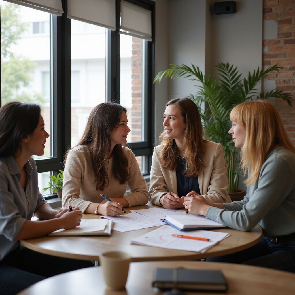 Vier vrouwen zitten rond een tafel en bespreken documenten. Op de achtergrond een raam en planten.