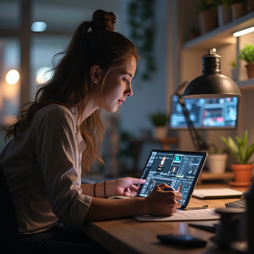 Een vrouw werkt op een laptop aan een bureau, verlicht door een lamp, in een slecht verlichte kamer.