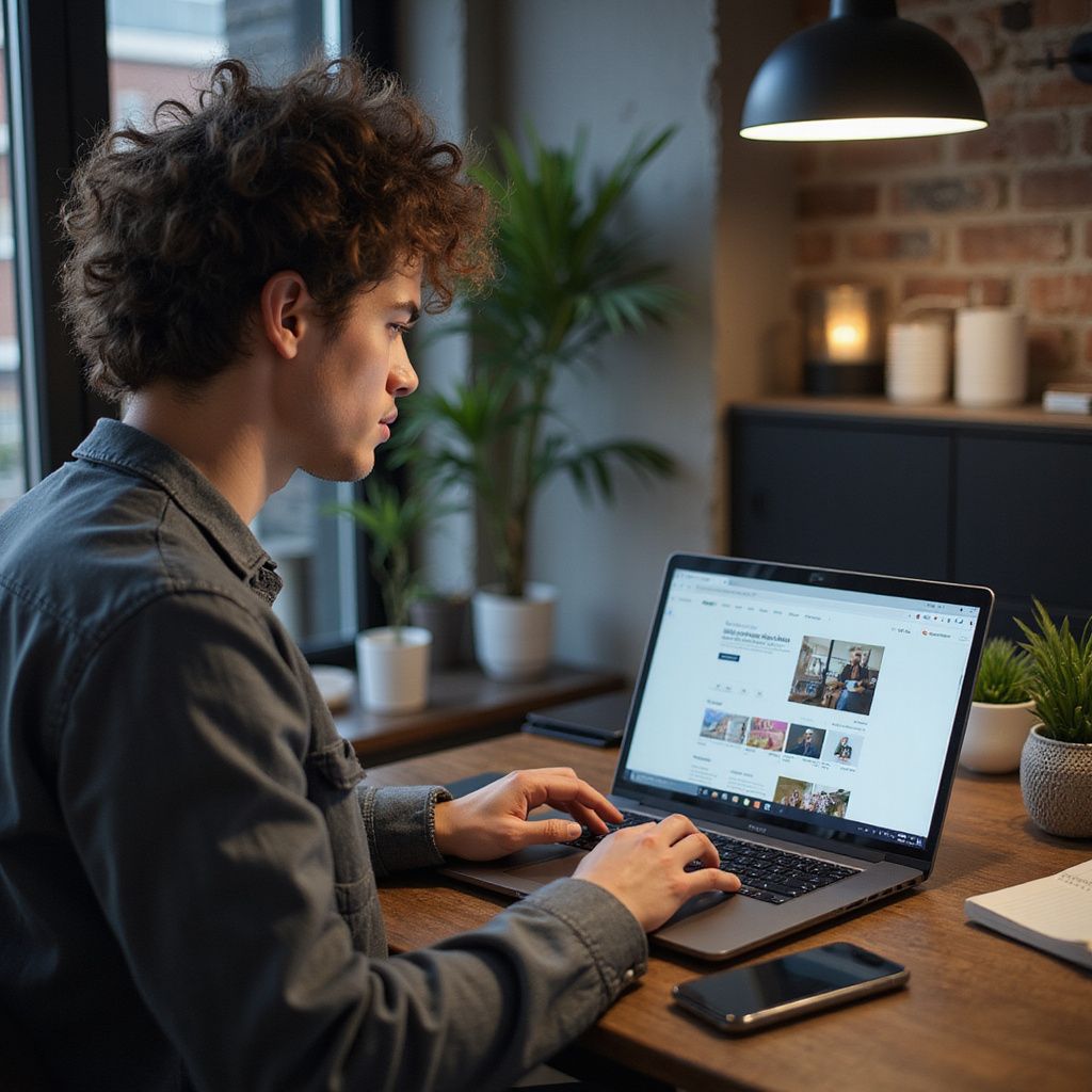 Iemand met krullend haar typt achter een laptop aan een bureau, met een telefoon en potplanten in de buurt.