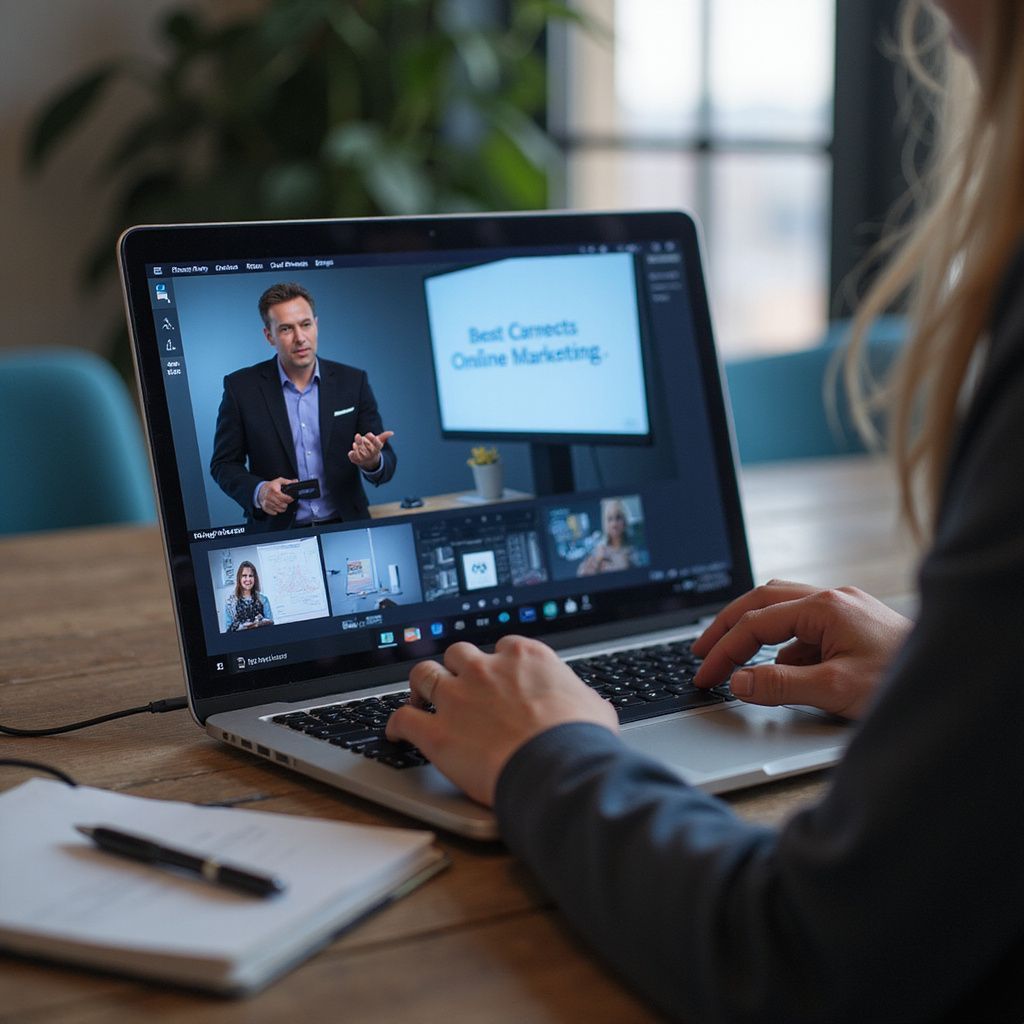 Persoon gebruikt laptop tijdens online marketingconferentie. Het scherm toont spreker en deelnemers.