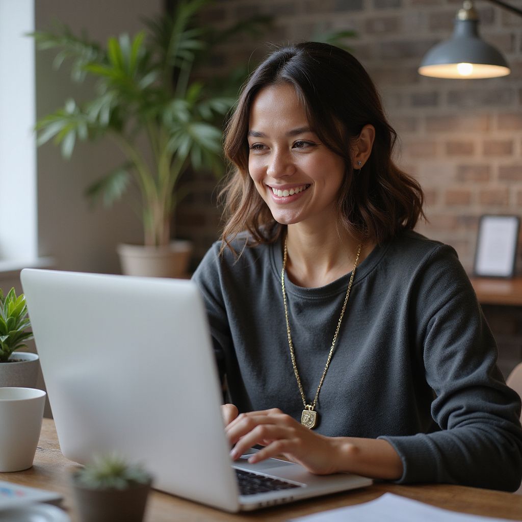Een lachende vrouw werkt achter een laptop aan een bureau met planten op de achtergrond.