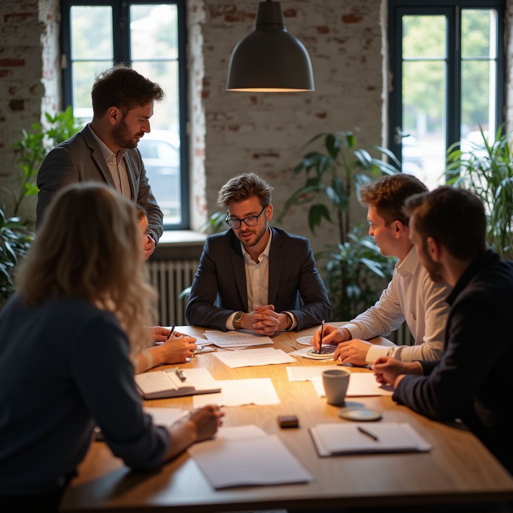 Mensen in zakelijke kleding zitten aan een tafel en bespreken documenten in een modern kantoor.