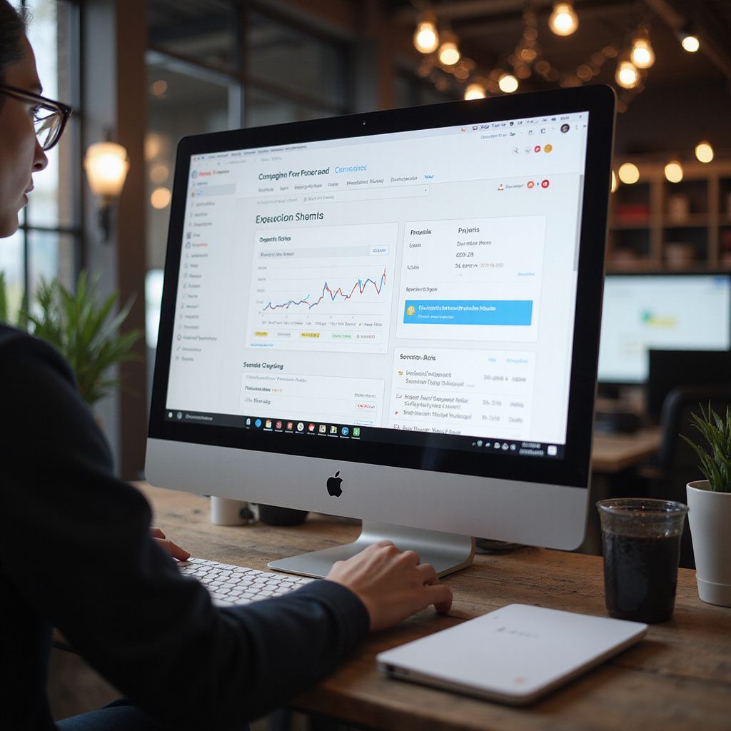 Een persoon met een bril op werkt op een computer met een lijngrafiek. Hij heeft een notitieboekje en een glas water op een houten bureau.