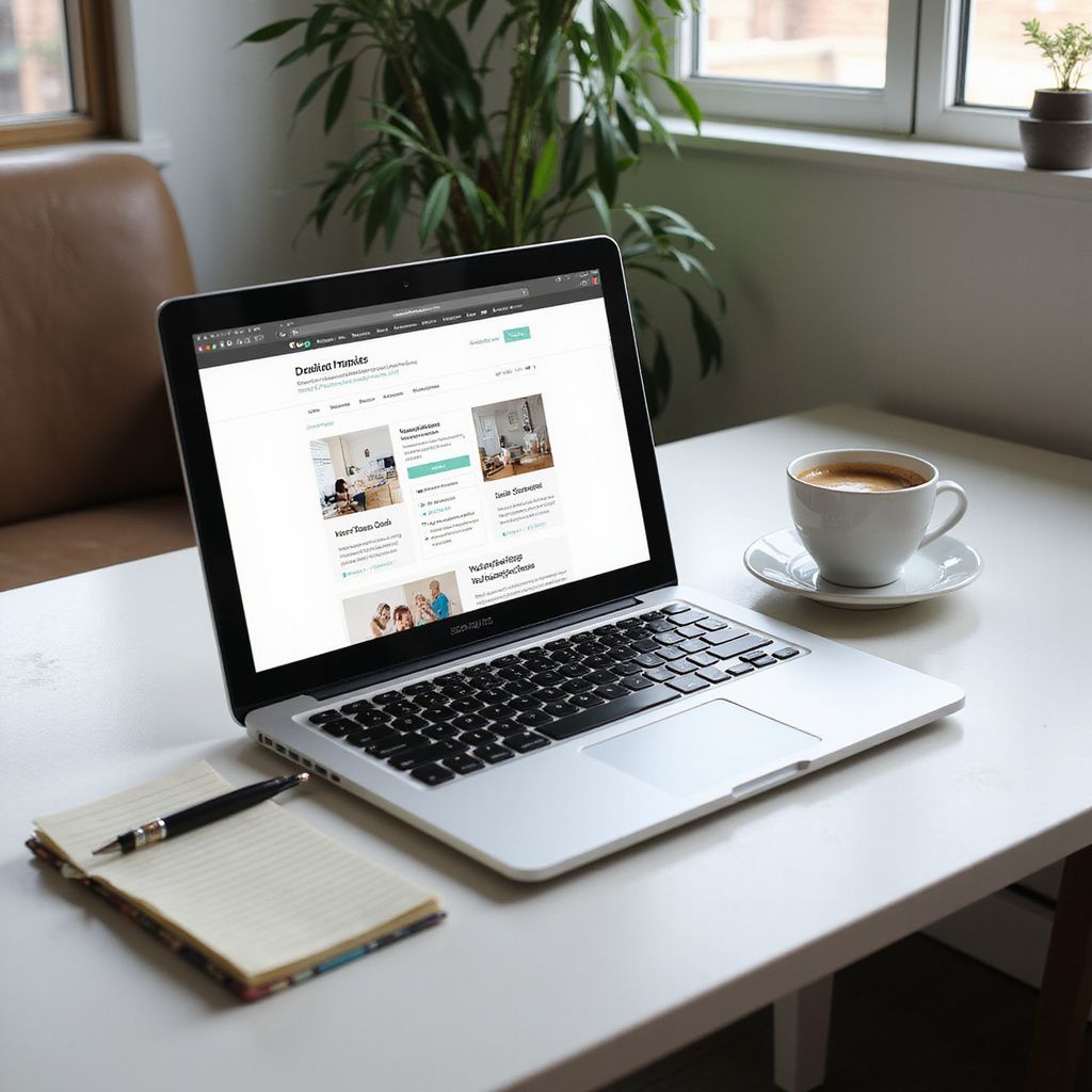 Laptop met een website op een witte tafel, koffie, notitieblok en pen.