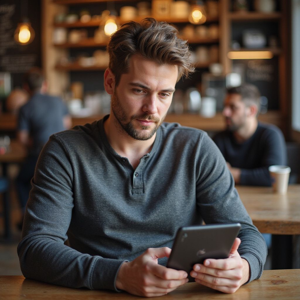 Man in grijs shirt kijkt naar tablet in koffiehuis.