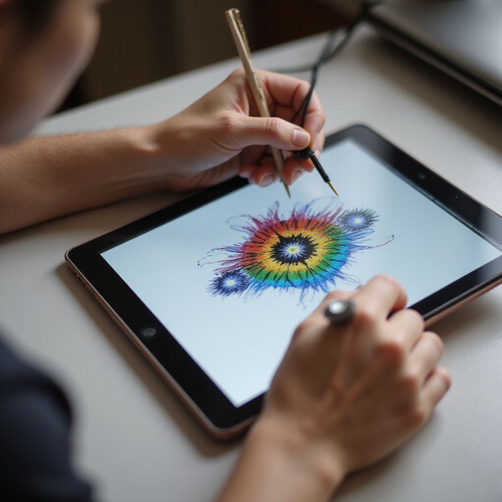 Persoon tekent een kleurrijk, abstract ontwerp op een tablet met behulp van een stylus.