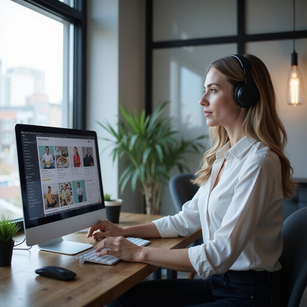 Een vrouw met een koptelefoon op werkt op een kantoor achter een computer, kijkt naar het scherm en gebruikt een toetsenbord.