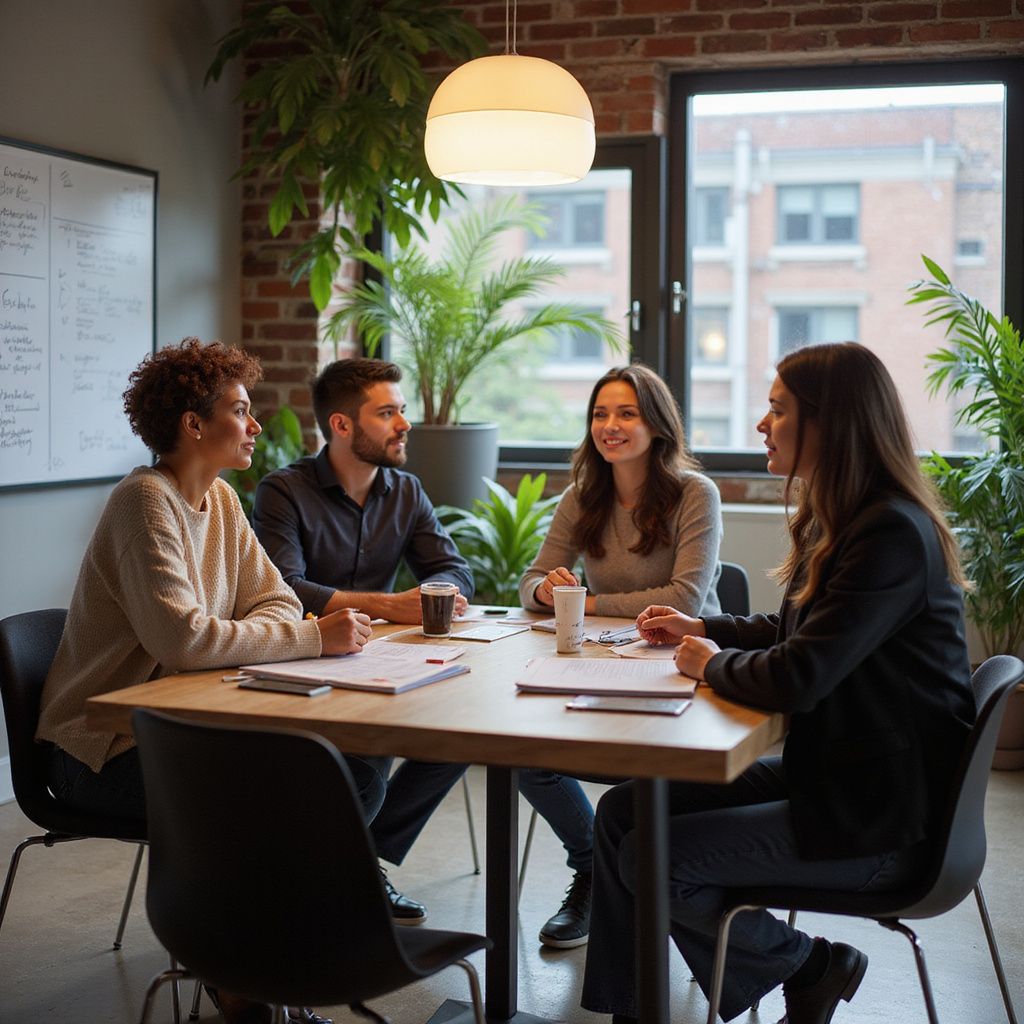Vier mensen in vergadering rond een tafel, documenten liggen klaar. Licht kantoor met planten en een raam.
