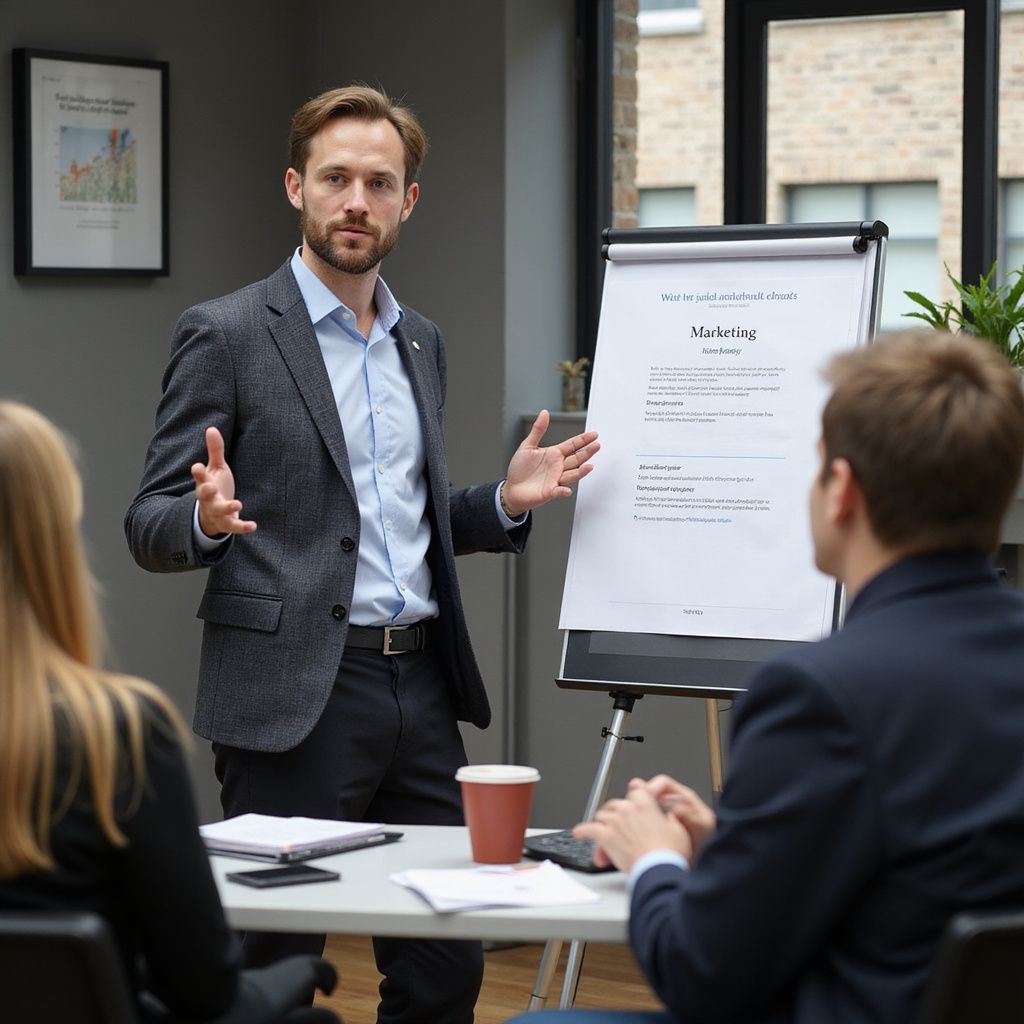 Man geeft op kantoor een presentatie aan collega's met een flip-over.
