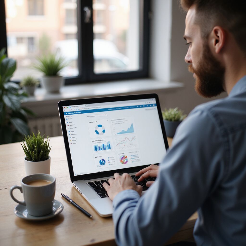 Man werkt op een laptop en bekijkt grafieken en gegevens in een thuiskantoor. Koffiekopje en pen op het bureau.