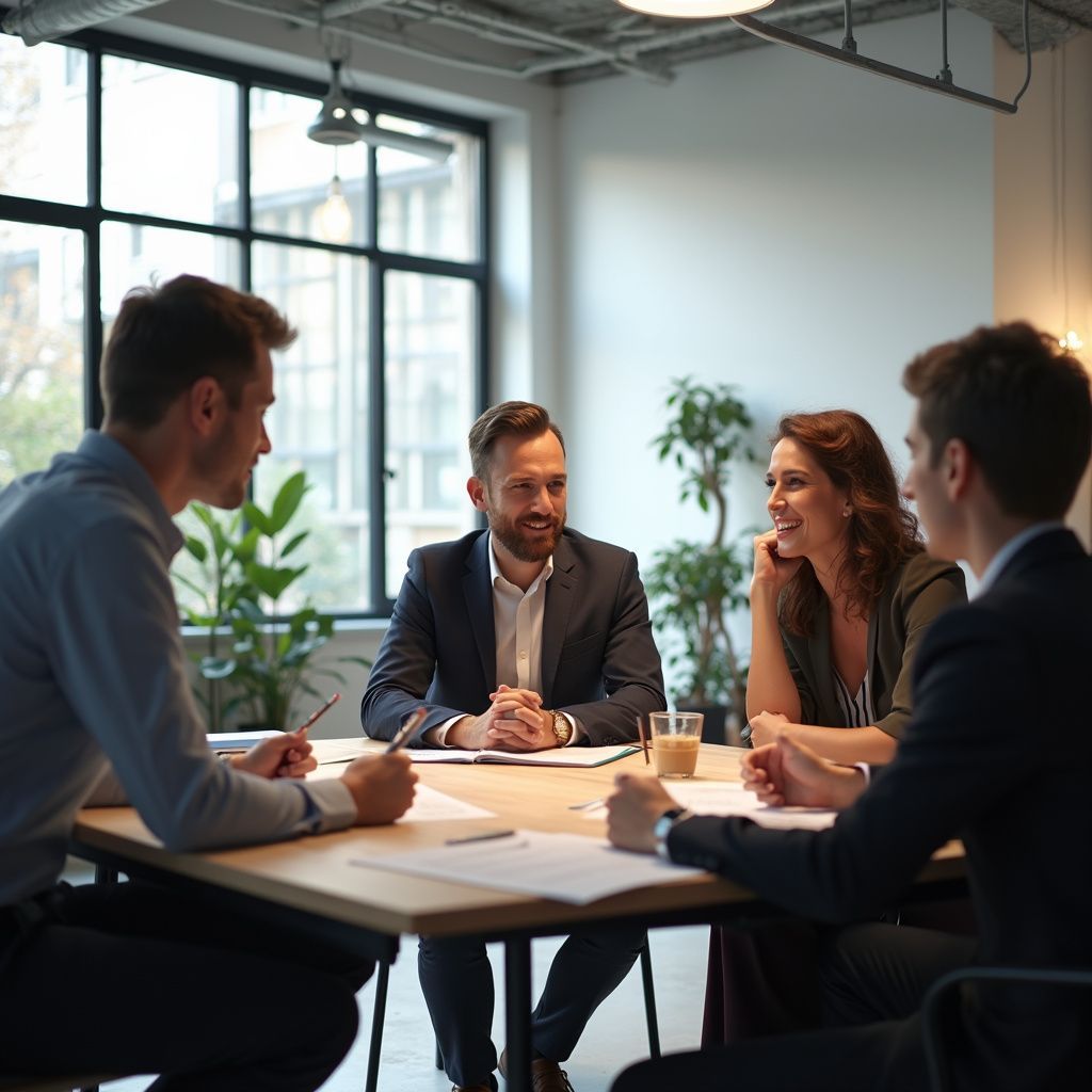 Vier mensen in pak zitten aan een tafel te vergaderen, met papieren en drankjes. Een lichte, moderne kantooromgeving.