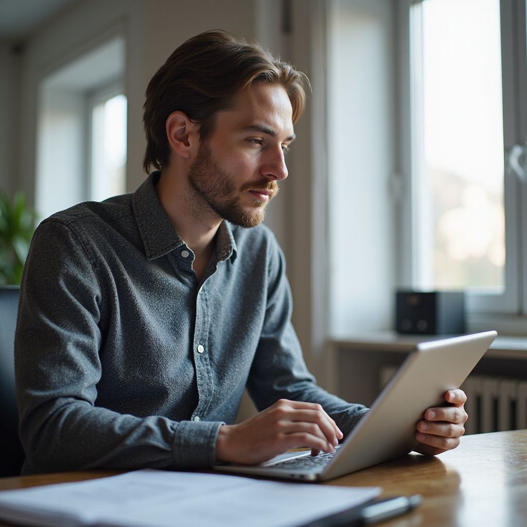 Een man met een baard zit aan een tafel met een laptop en kijkt peinzend naar beneden.