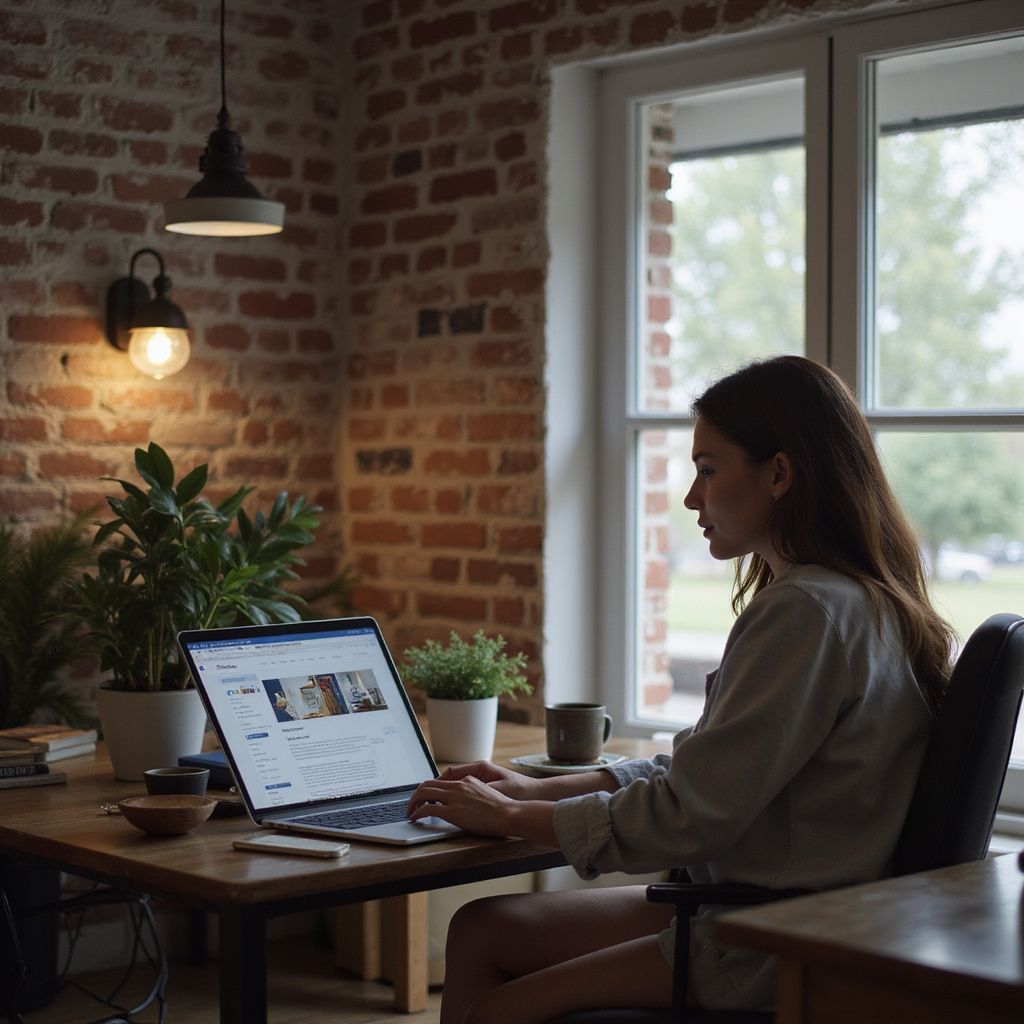 Vrouw die op een laptop werkt aan een houten bureau bij een raam, op de achtergrond een bakstenen muur.