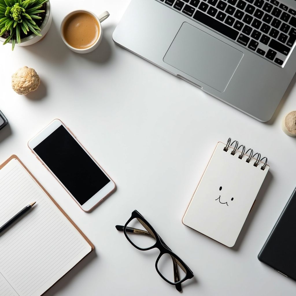 Wit bureau met laptop, telefoon, notitieboekje, koffie, glazen en decoratieve voorwerpen.