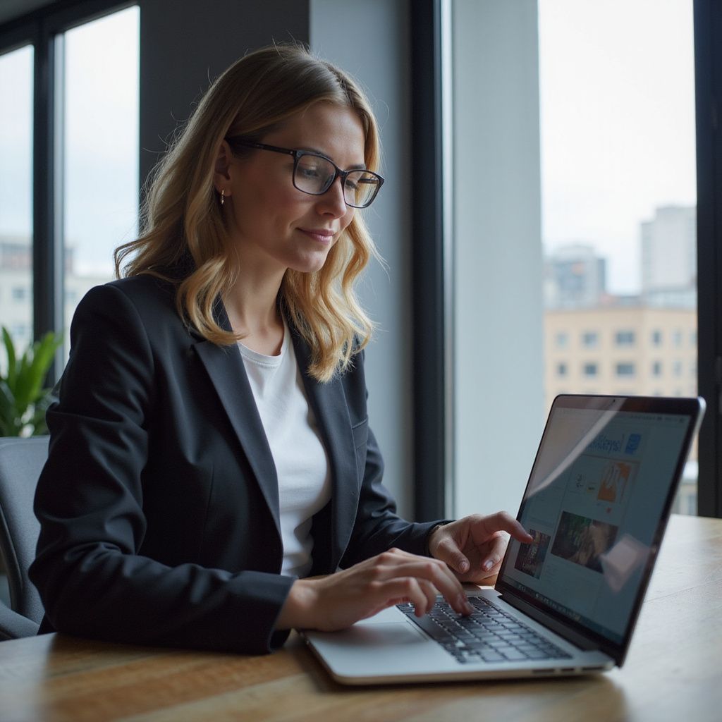 Een vrouw met een bril en een zwart jasje zit op een laptop te typen aan een tafel bij een raam, met uitzicht op een stadsgezicht.