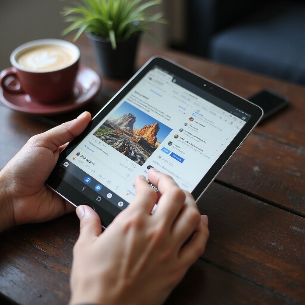Een persoon zit op een houten tafel en gebruikt een tablet terwijl hij door sociale media bladert. Op de tafel staan ​​ook een koffiekopje en een plant.