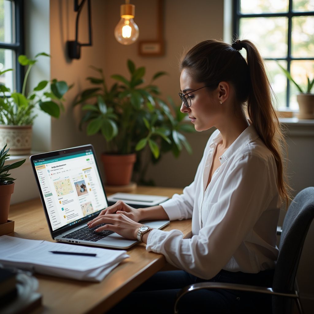 Een vrouw zit aan een bureau met een laptop, terwijl ze typt, omringd door planten in een goed verlichte kamer.