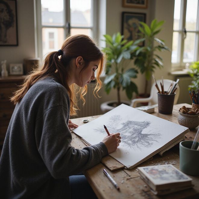 Een vrouw met rood haar zit te tekenen aan een houten tafel in een zonnige kamer met planten.