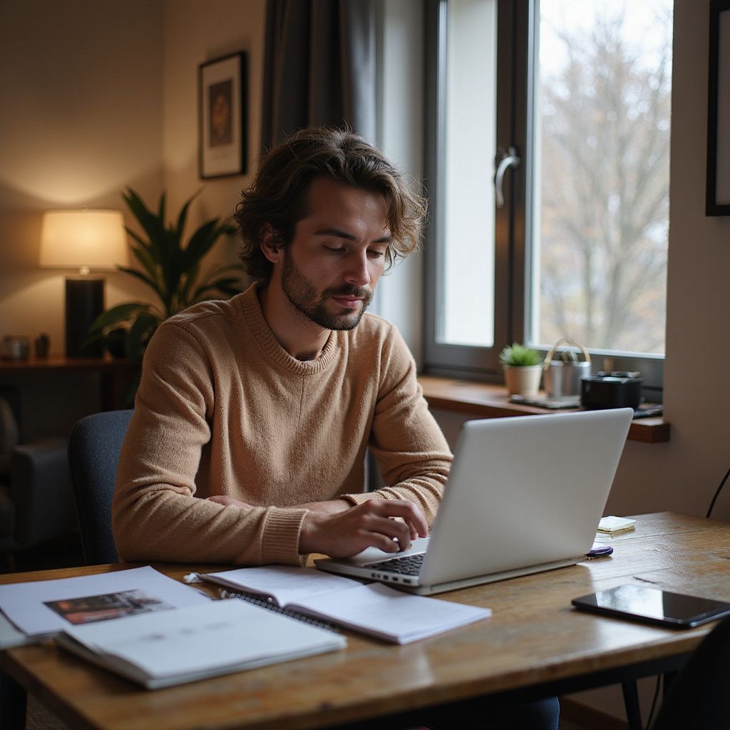 Een man werkt op een laptop aan een tafel in een goed verlichte kamer. Hij draagt een bruine trui.