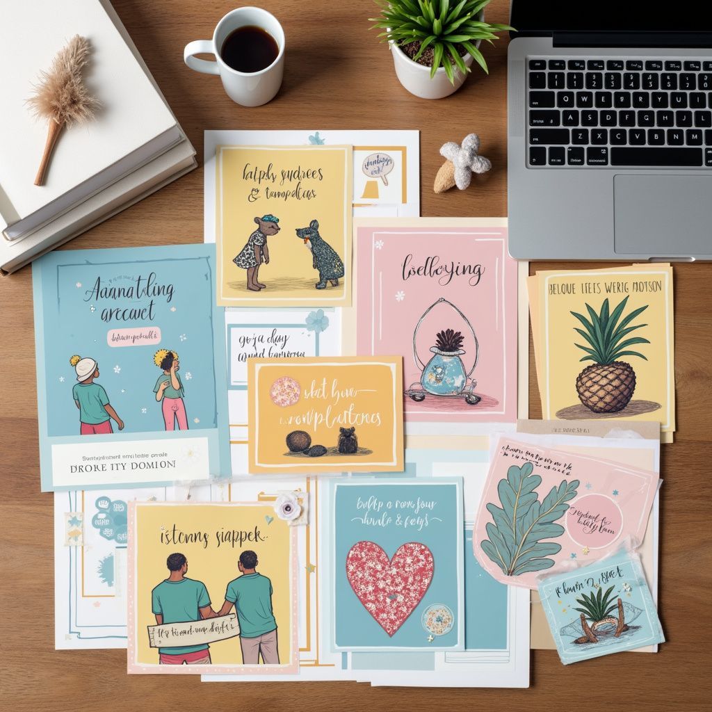 Kaarten op een houten bureau met een laptop, koffie en planten. De kaarten zijn voorzien van illustraties en tekst.