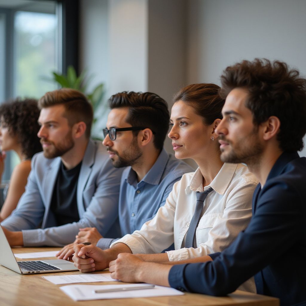 Mensen in zakelijke kleding zitten aan een tafel en kijken naar een laptop en documenten.