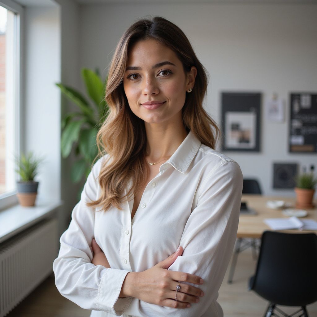 Vrouw in wit overhemd, armen over elkaar, staand in kantoor met raam en bureau.