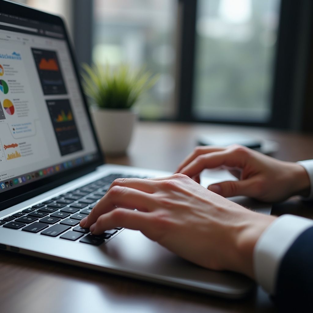Handen typen op een laptop waarop diagrammen met gegevens worden weergegeven in een kantooromgeving.