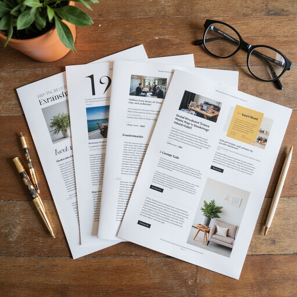 Vier nieuwsbrieven op een houten tafel met pennen, een bril en een plant.