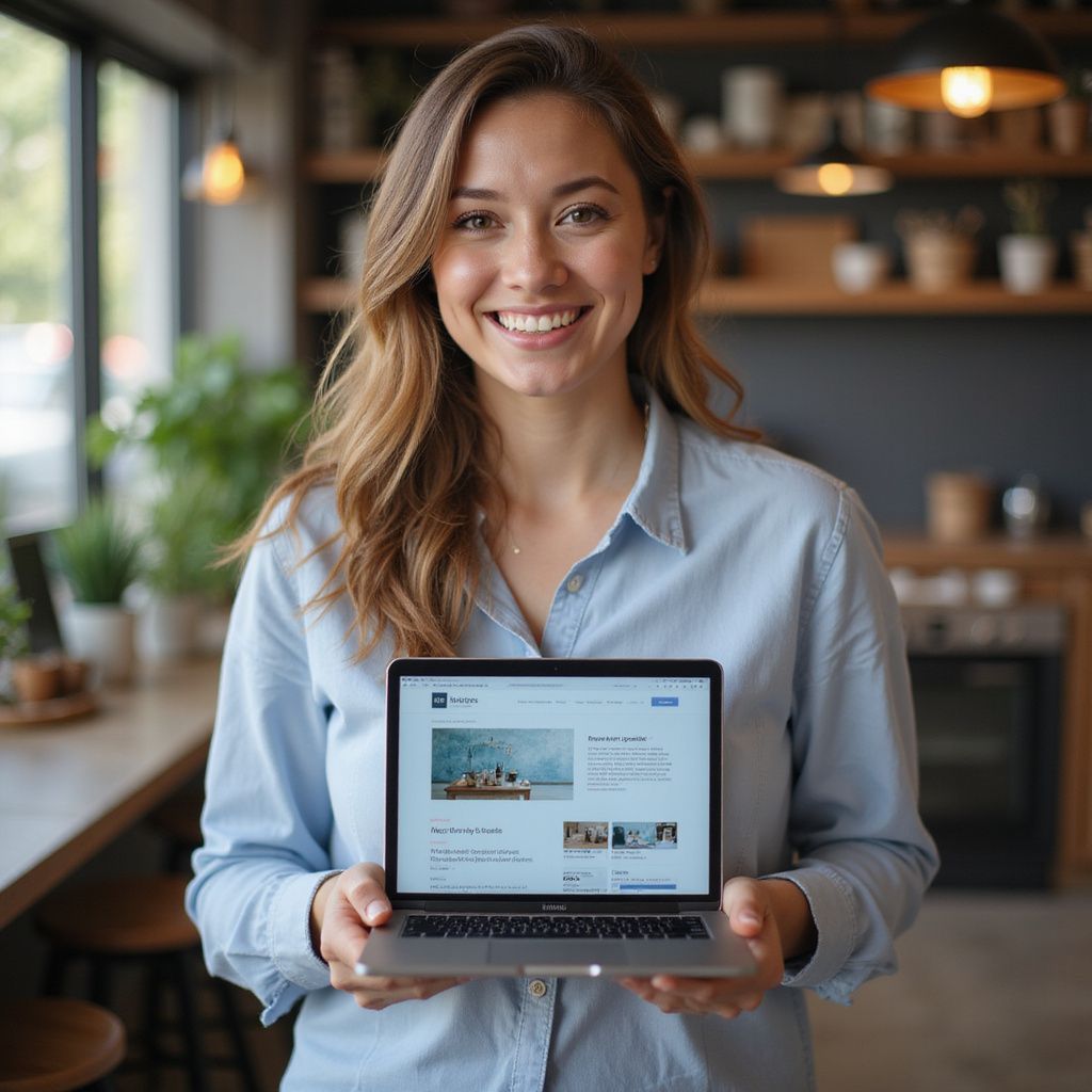 Lachende vrouw met opengeklapte laptop en website in haar handen, staand in een café met planten.