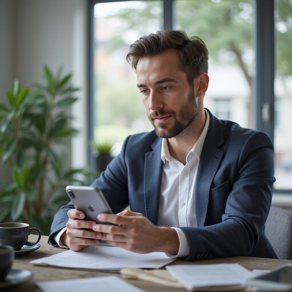 Man in colbert kijkt op zijn telefoon en zit aan een bureau met koffie en papieren.