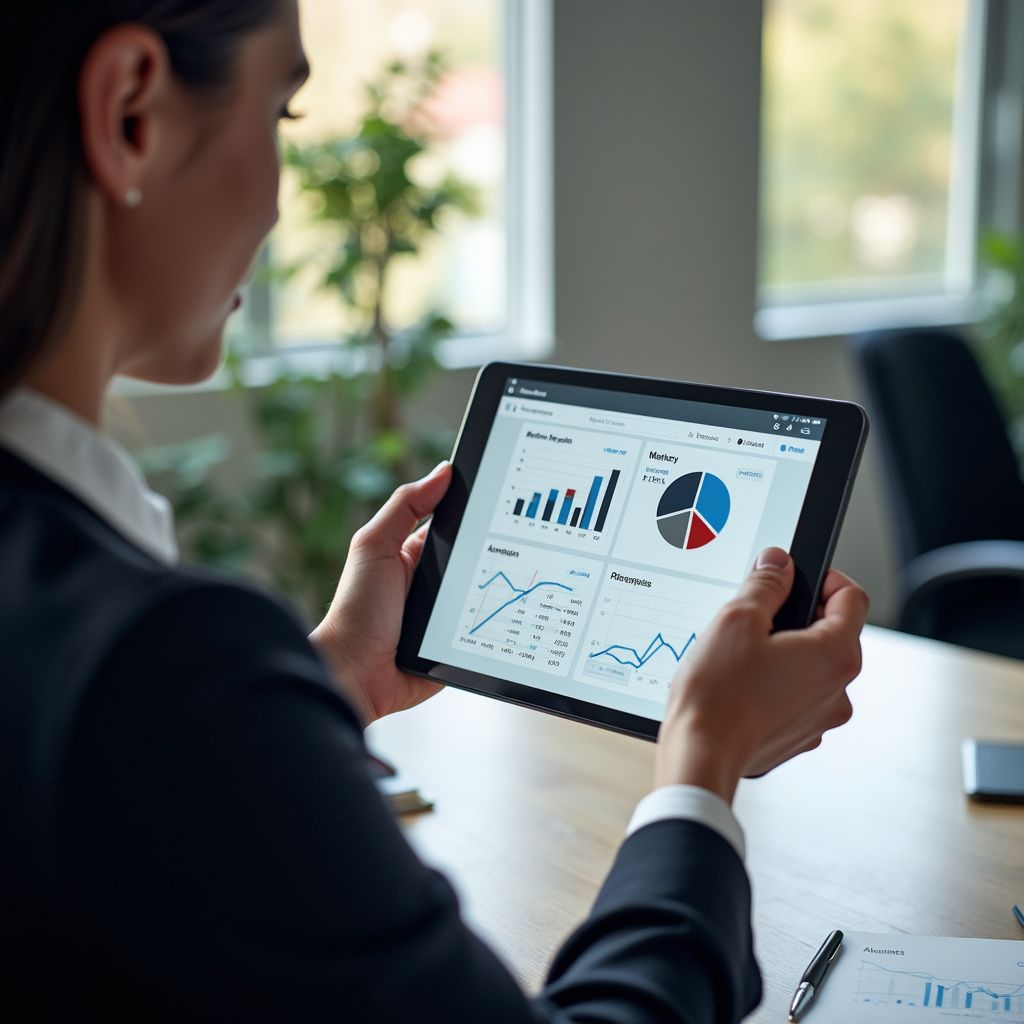 Vrouw in een blazer bekijkt financiële gegevens op een tablet, zit aan een tafel met een pen en een rapport.