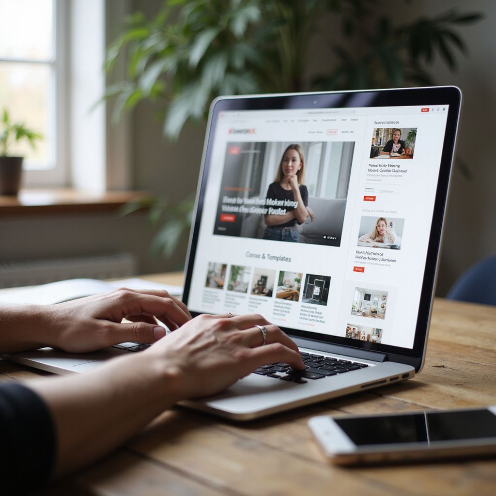Een persoon die op een houten tafel zit en een laptop gebruikt, bekijkt een website.