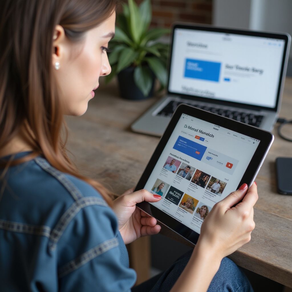 Vrouw met tablet in haar handen, kijkend naar het scherm. Haar laptop en telefoon staan ​​op een houten bureau met een plant.