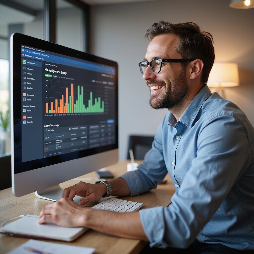 Een man lacht naar een computerscherm en bekijkt datagrafieken. Hij zit binnen aan een bureau.