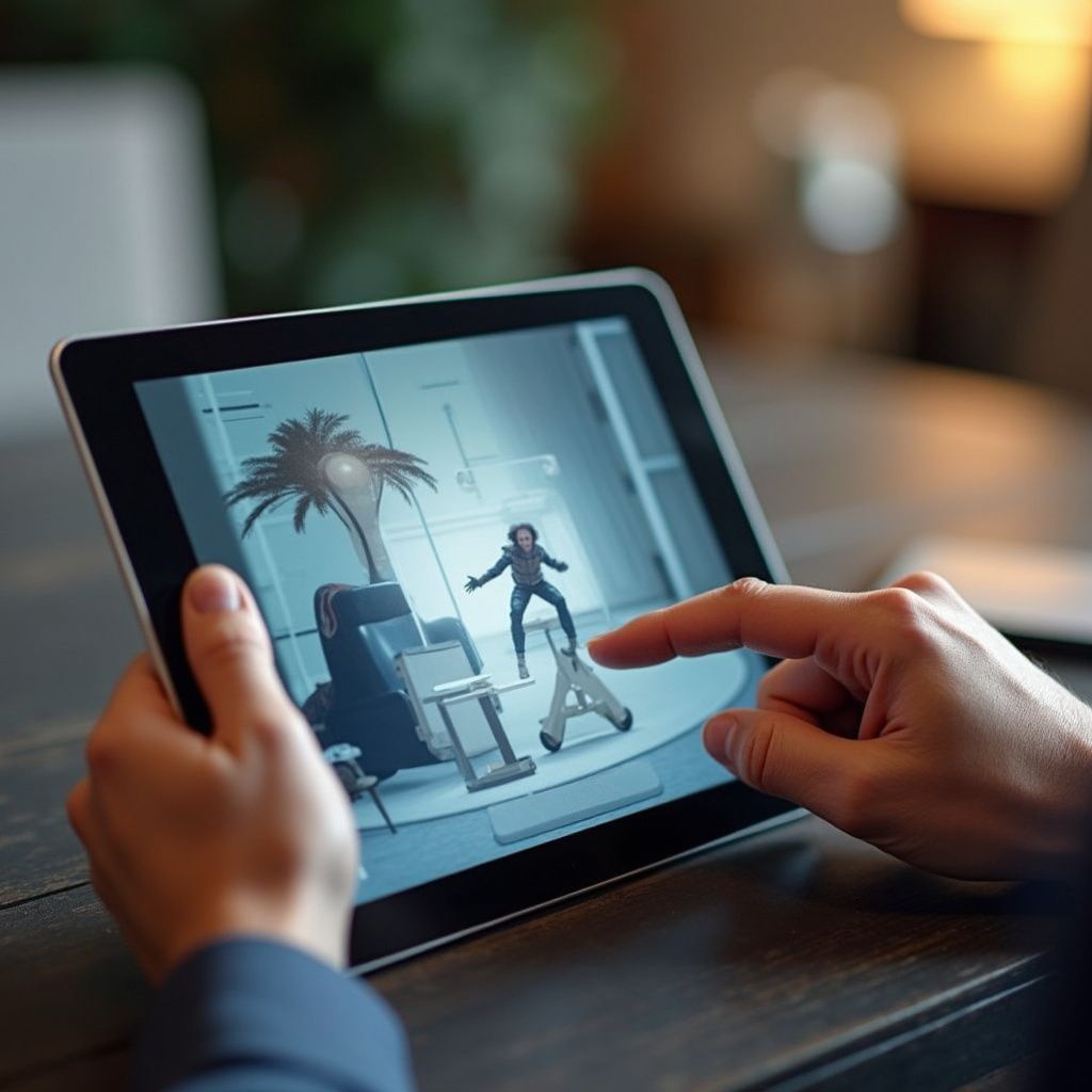 Persoon die een tablet gebruikt om een ​​augmented reality-scène van een persoon in een kamer te bekijken.