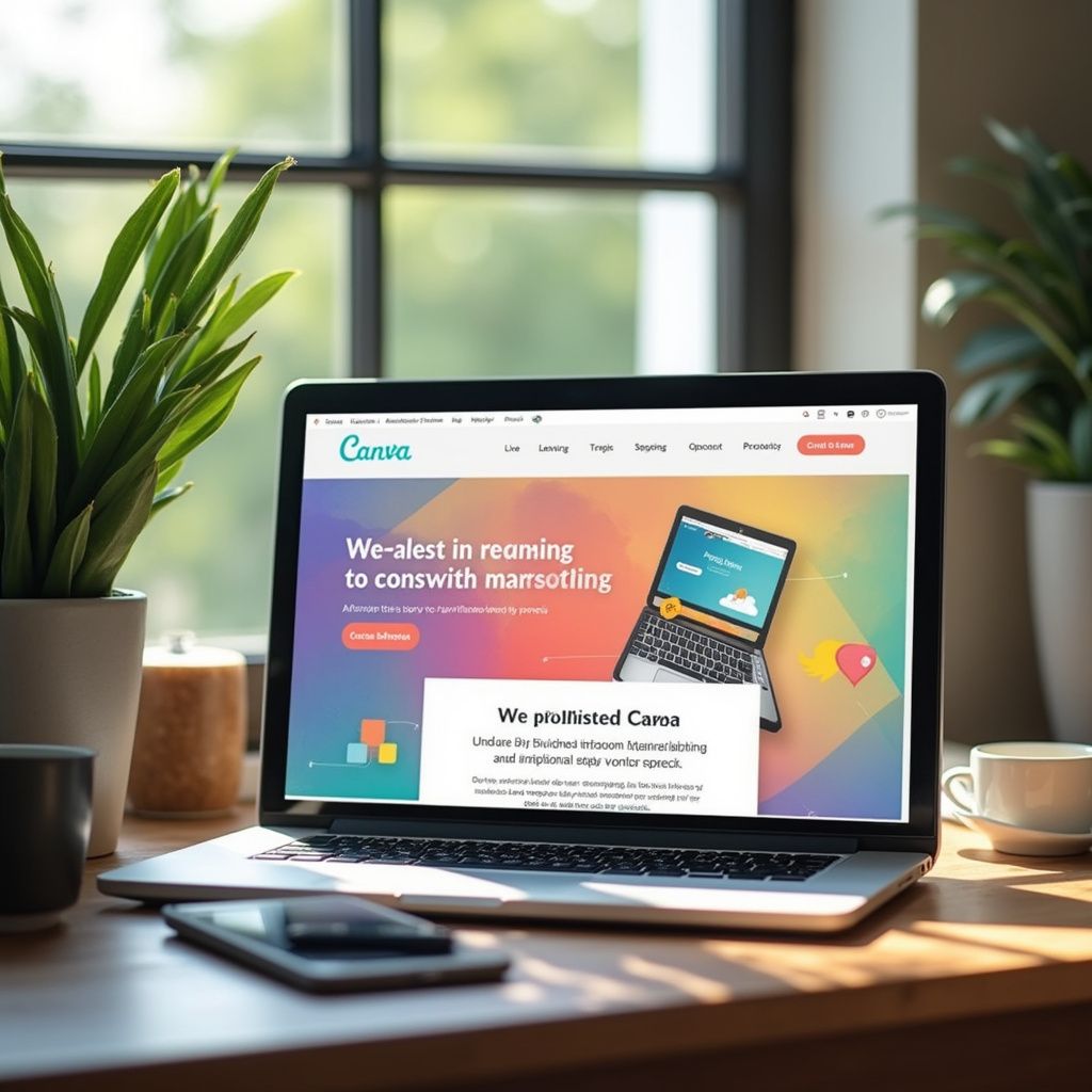 Laptop met de Canva-website, naast een raam met planten, telefoon en koffiekopje.