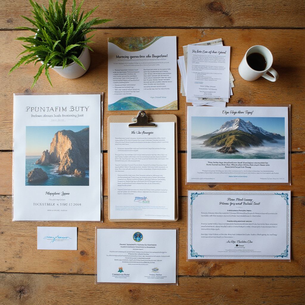 Plat gelegde documenten op een houten oppervlak, waaronder een brochure, certificaten en een klembord, met een plant en een koffiemok.