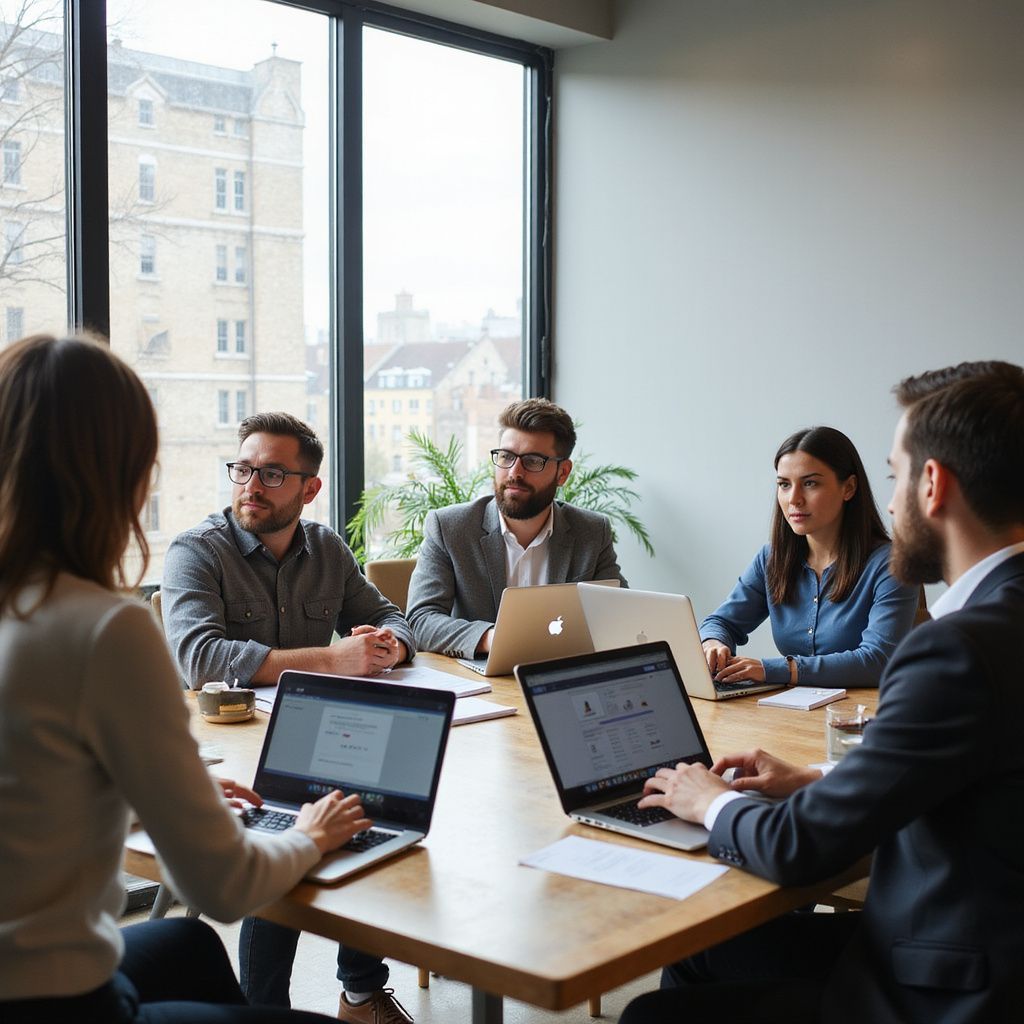 Een team van zakenmensen vergadert rond een tafel met laptops. Op de achtergrond een raam.