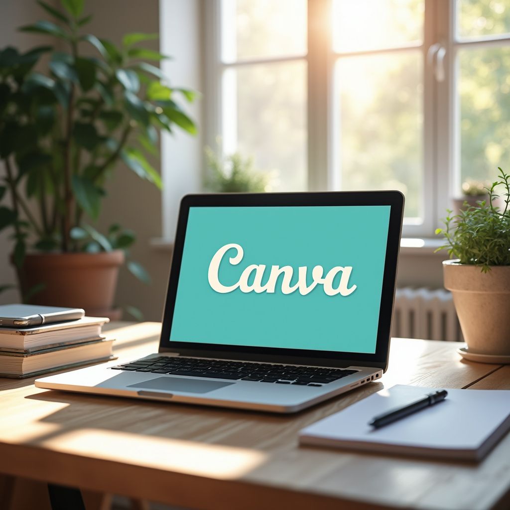 Laptop met het Canva-logo op een houten bureau bij een raam, omringd door planten en een notitieboekje.