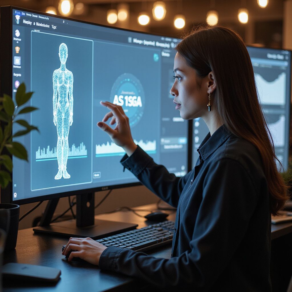 Een vrouw in een modern kantoor staat in contact met een medisch beeldscherm en raakt het scherm aan.
