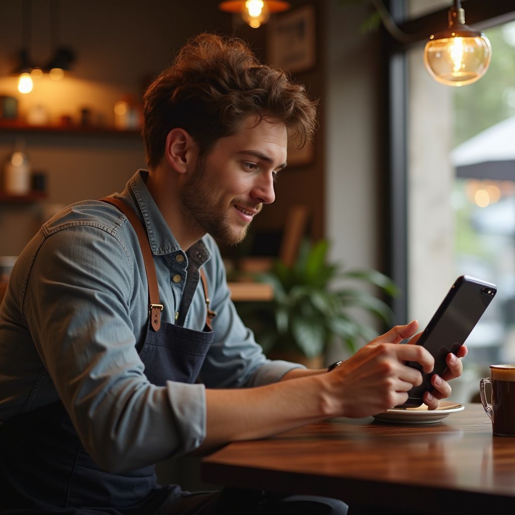 Man met schort aan tafel, kijkend naar tablet in een café. Lachend.