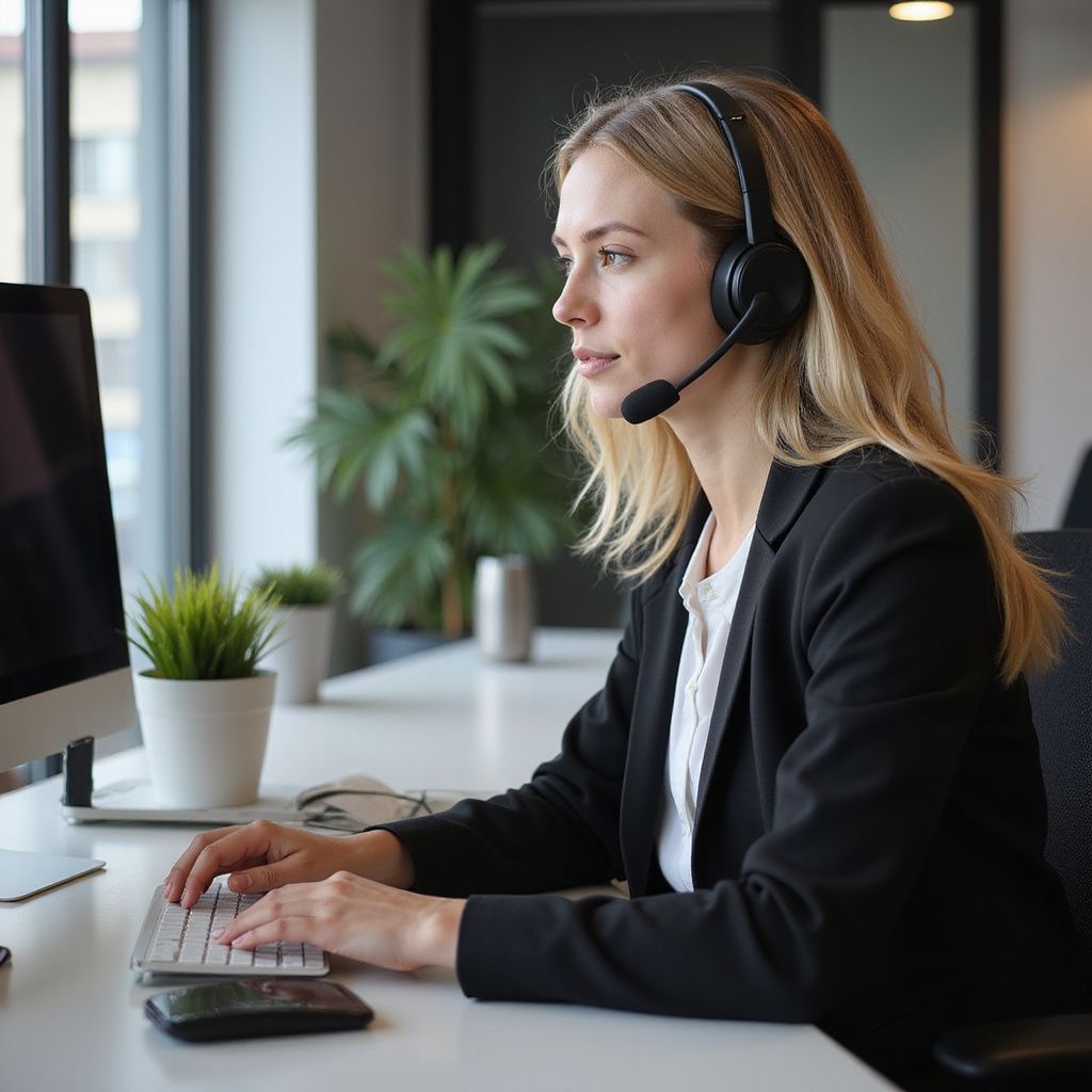 Vrouw met hoofdtelefoon en blazer, typend op een computer in een kantooromgeving.