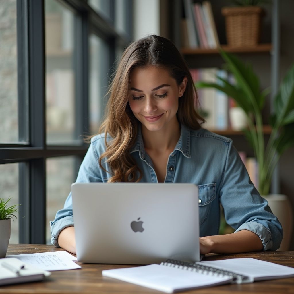 Een vrouw die glimlachend naar haar laptop kijkt, zit aan een houten bureau bij het raam, met een notitieboekje, een pen en een plant in de buurt.