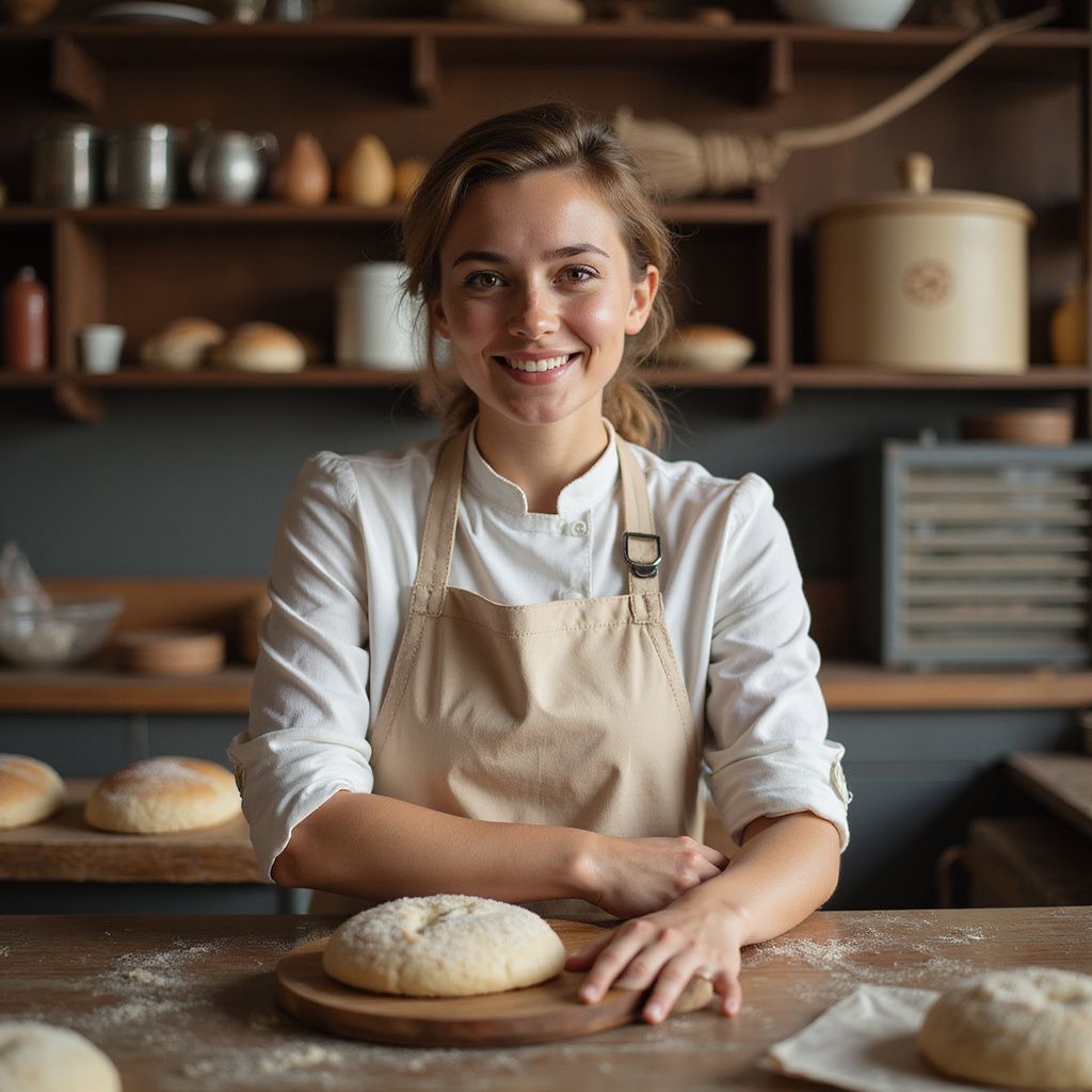 Vrouw met schort die naar de camera lacht, kneedt deeg in een bakkerij met brood op de planken.
