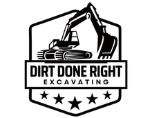Black and white logo for "Dirt Done Right Excavating" featuring an excavator silhouette above text and five stars.