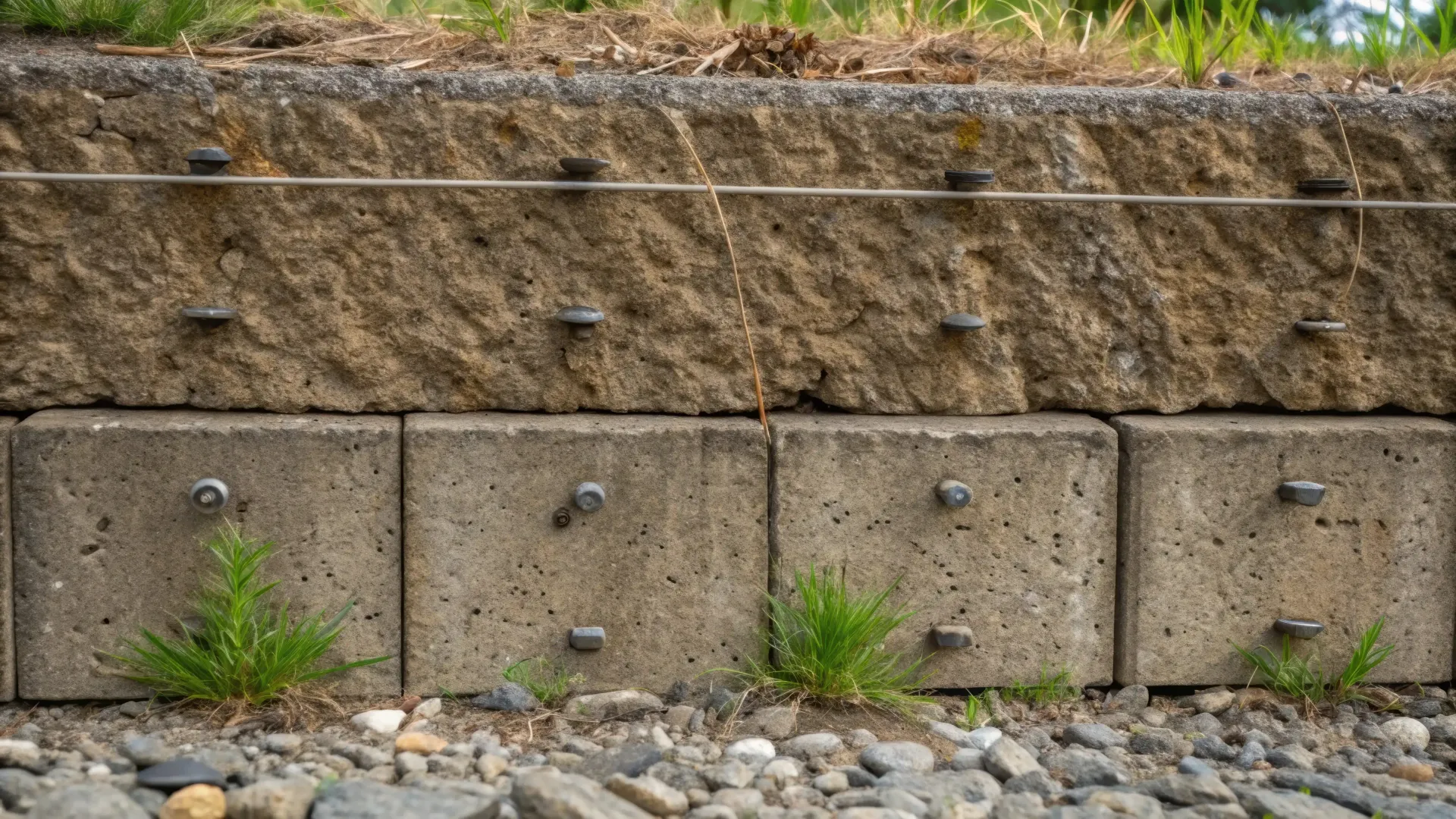 Retaining wall made of stacked concrete blocks, with grass growing in the gaps.