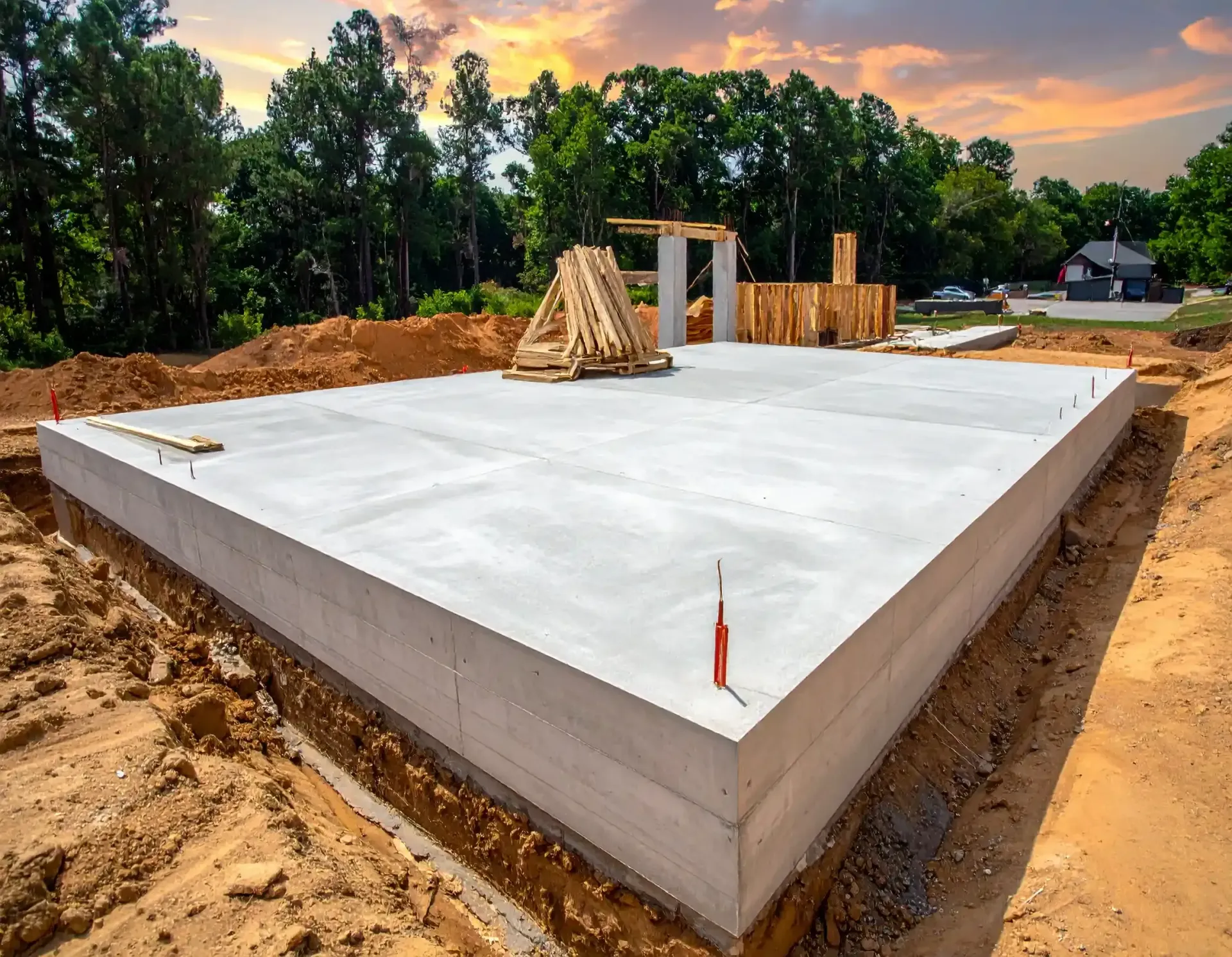 Concrete foundation of a building under construction, with wood framing and tools.