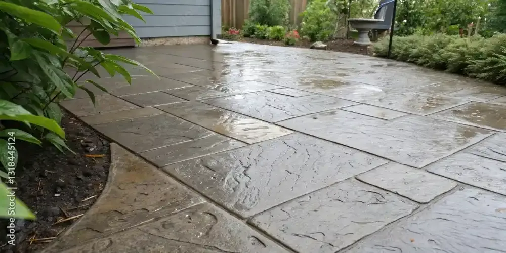 Wet stone walkway, surrounded by greenery, leads towards a bench and garden.